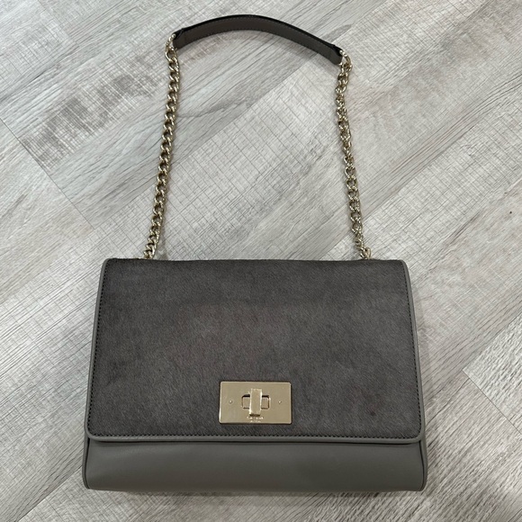 Kate Spade Calf Hair Leather Gray Shoulder Gold Chain Bag - Picture 1 of 8